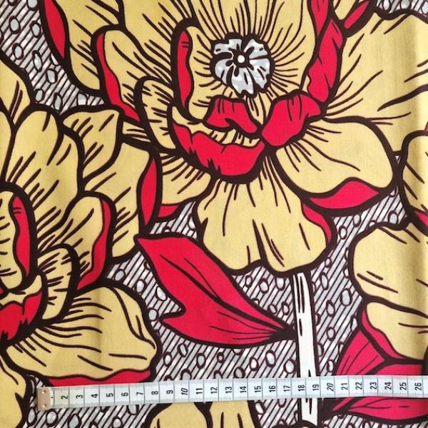Afrikanischer Wax Print Stoff Baumwolle RED BEIGE FLOWERS